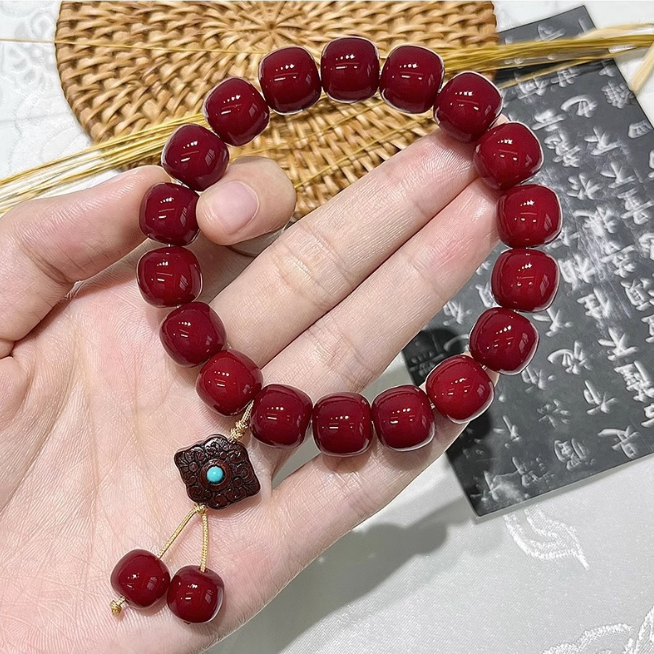 Vintage Oriental Mala Bracelet, Glossy Deep Red Beads for Calm Mind & Abundant Vibes
