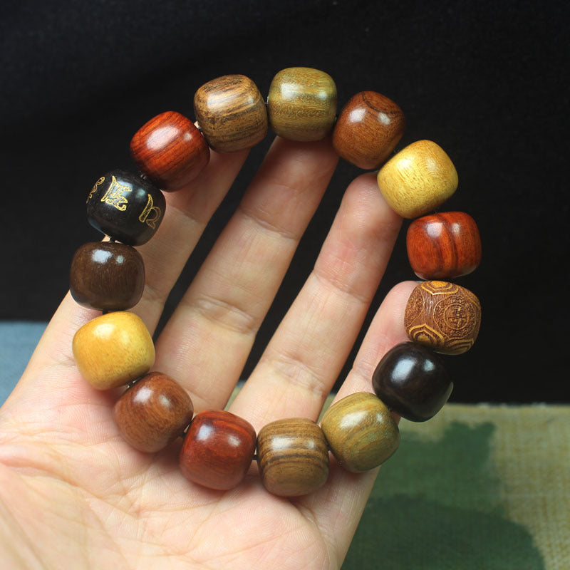 Multi-Types Natural Wood Barrel Bead Bracelet, Vintage Wooden Mala Bracelet for Men & Women