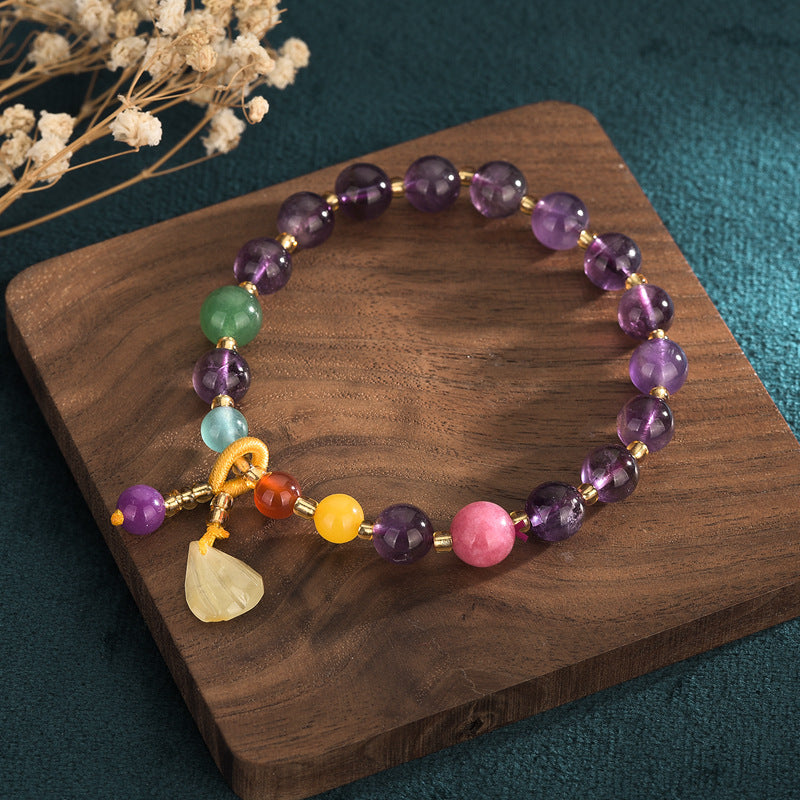 Amethyst Multi Gemstone Bracelet with Flower Pendant, Calming Energy Crystal Bracelet