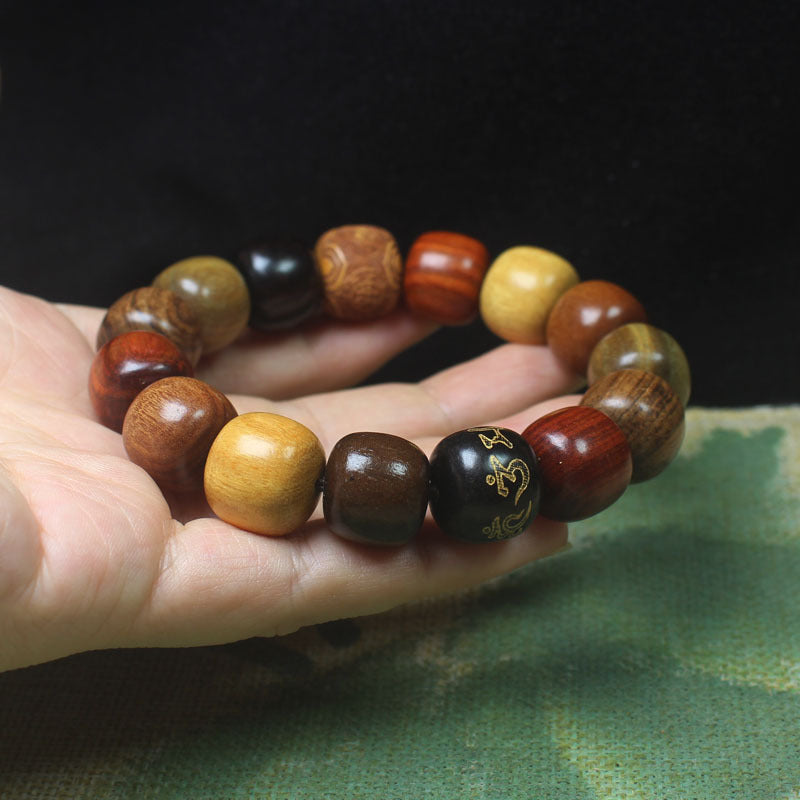Multi-Types Natural Wood Barrel Bead Bracelet, Vintage Wooden Mala Bracelet for Men & Women