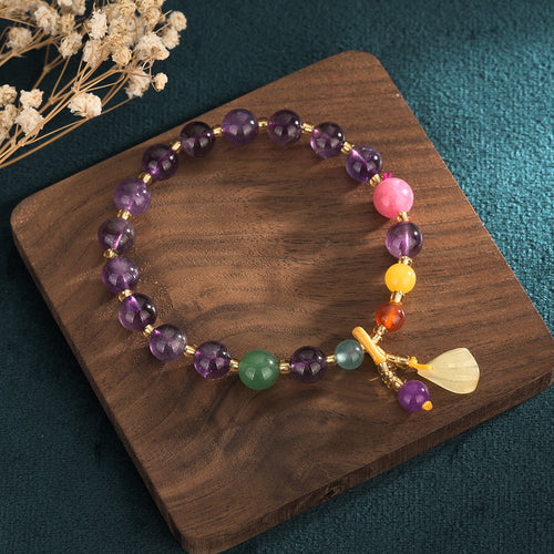 Amethyst Multi Gemstone Bracelet with Flower Pendant, Calming Energy Crystal Bracelet