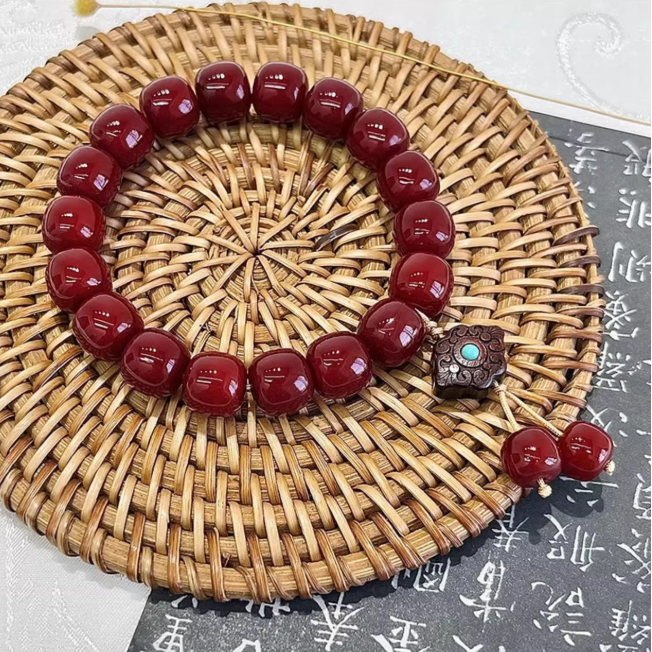 Vintage Oriental Mala Bracelet, Glossy Deep Red Beads for Calm Mind & Abundant Vibes
