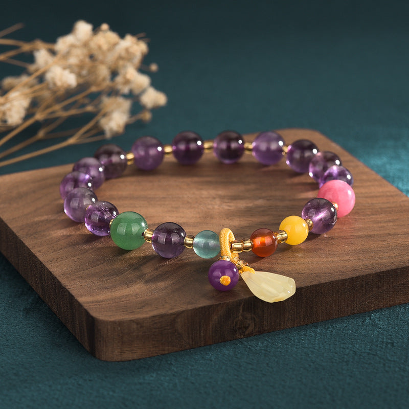 Amethyst Multi Gemstone Bracelet with Flower Pendant, Calming Energy Crystal Bracelet