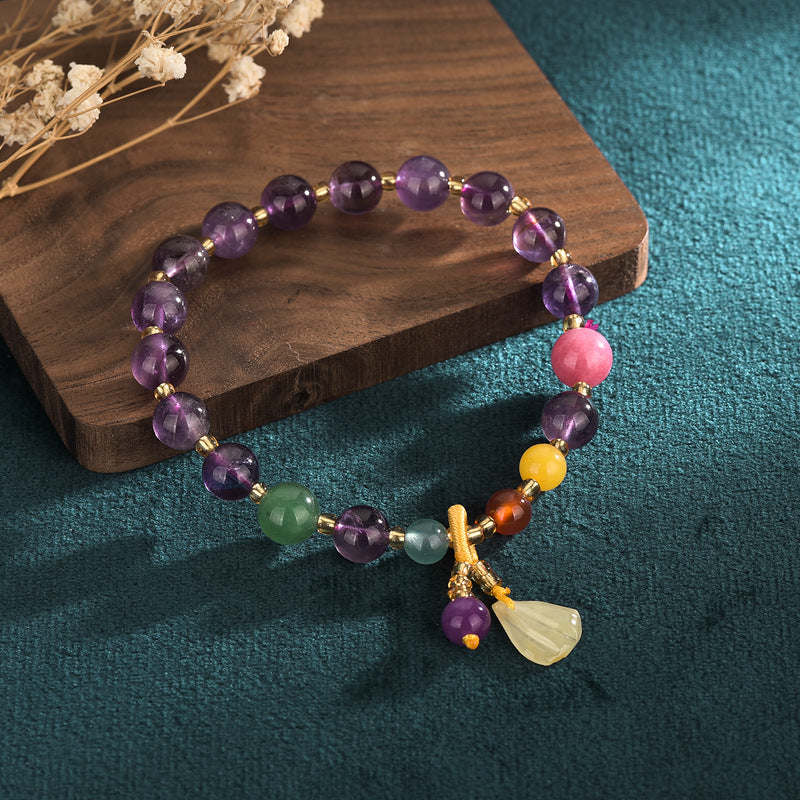 Amethyst Multi Gemstone Bracelet with Flower Pendant, Calming Energy Crystal Bracelet