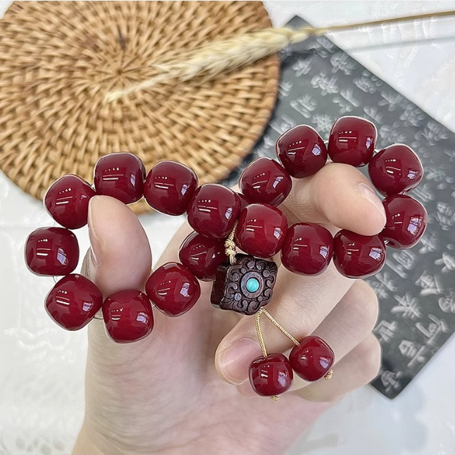 Vintage Oriental Mala Bracelet, Glossy Deep Red Beads for Calm Mind & Abundant Vibes