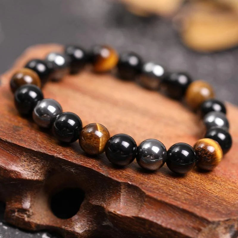 Triple Protection Bracelet, Natural Tiger Eye, Black Obsidian & Hematite Beaded Bracelet for Men Women