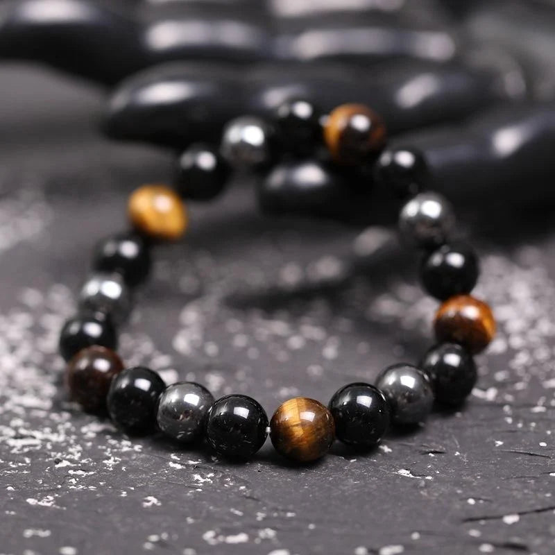 Triple Protection Bracelet, Natural Tiger Eye, Black Obsidian & Hematite Beaded Bracelet for Men Women