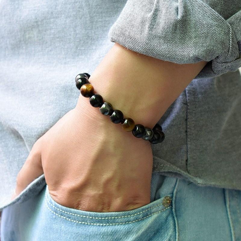 Triple Protection Bracelet, Natural Tiger Eye, Black Obsidian & Hematite Beaded Bracelet for Men Women