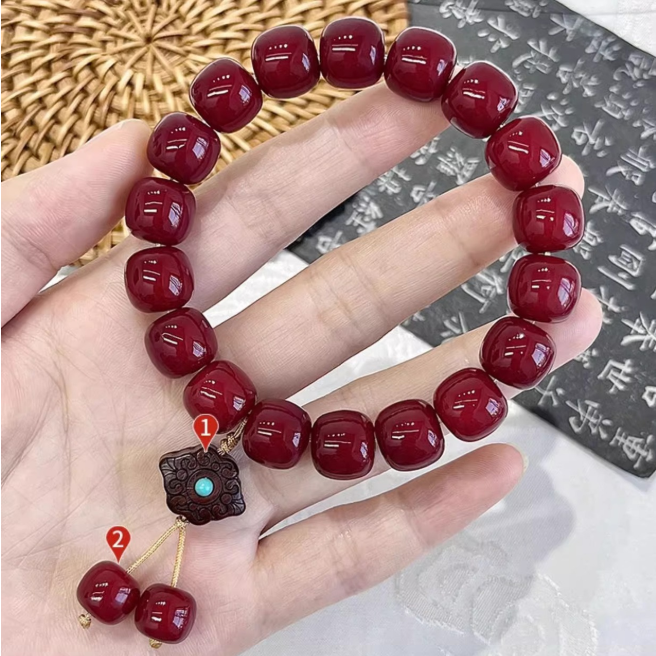 Vintage Oriental Mala Bracelet, Glossy Deep Red Beads for Calm Mind & Abundant Vibes
