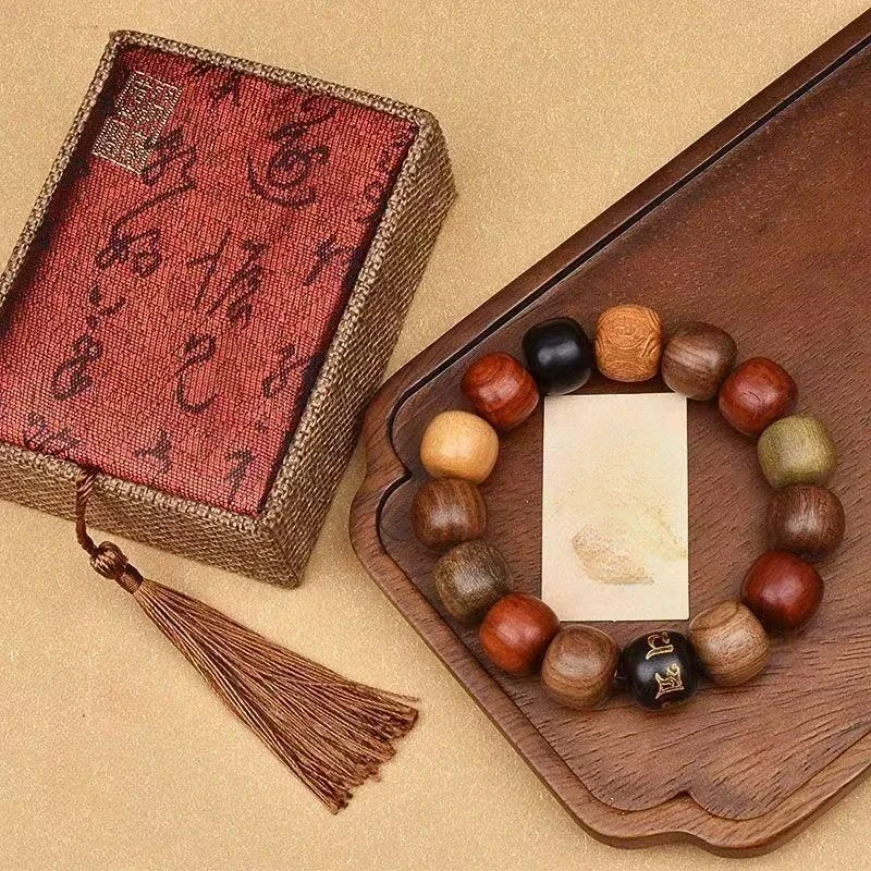 Multi-Types Natural Wood Barrel Bead Bracelet, Vintage Wooden Mala Bracelet for Men & Women