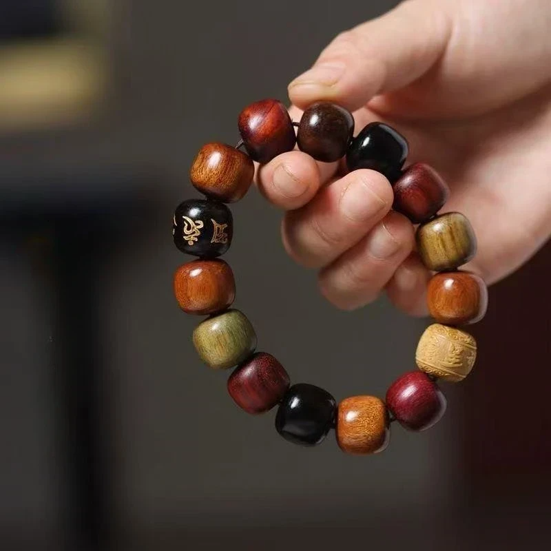 Multi-Types Natural Wood Barrel Bead Bracelet, Vintage Wooden Mala Bracelet for Men & Women