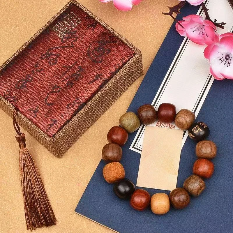 Multi-Types Natural Wood Barrel Bead Bracelet, Vintage Wooden Mala Bracelet for Men & Women